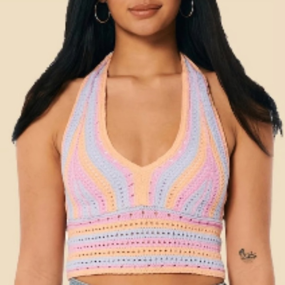 Hollister Crochet Stripe Halter Crop Top Boho Bohemian Festival Pink Multicolor